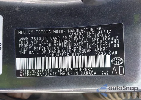 2012 Toyota Corolla Le z USA, uszkodzony, nr VIN 2T1BU4EE5CC841573